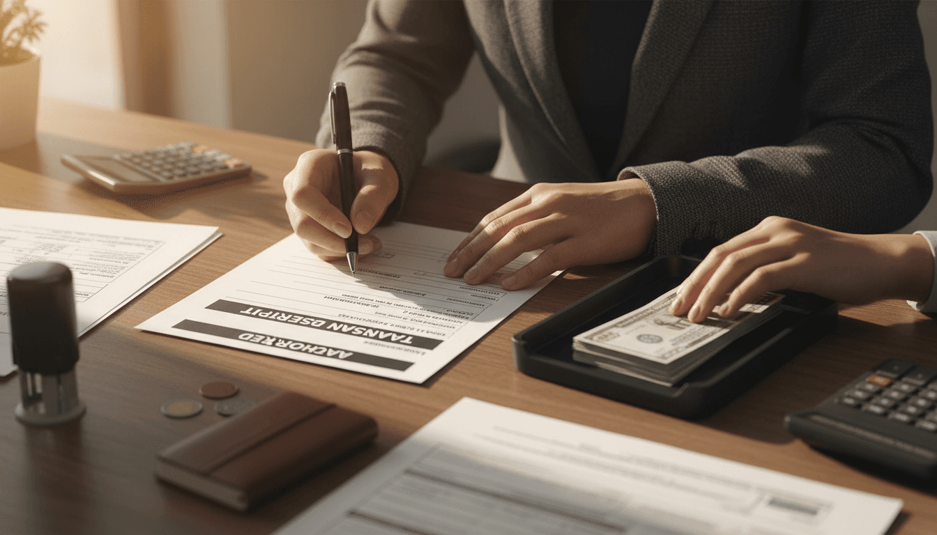 Hands processing financial transaction documents with professional care